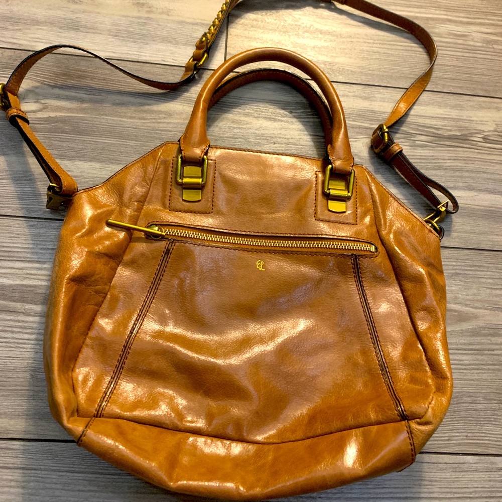 Elliott Lucca calf skin light tan cross over bag. Faro city satchel bag.
